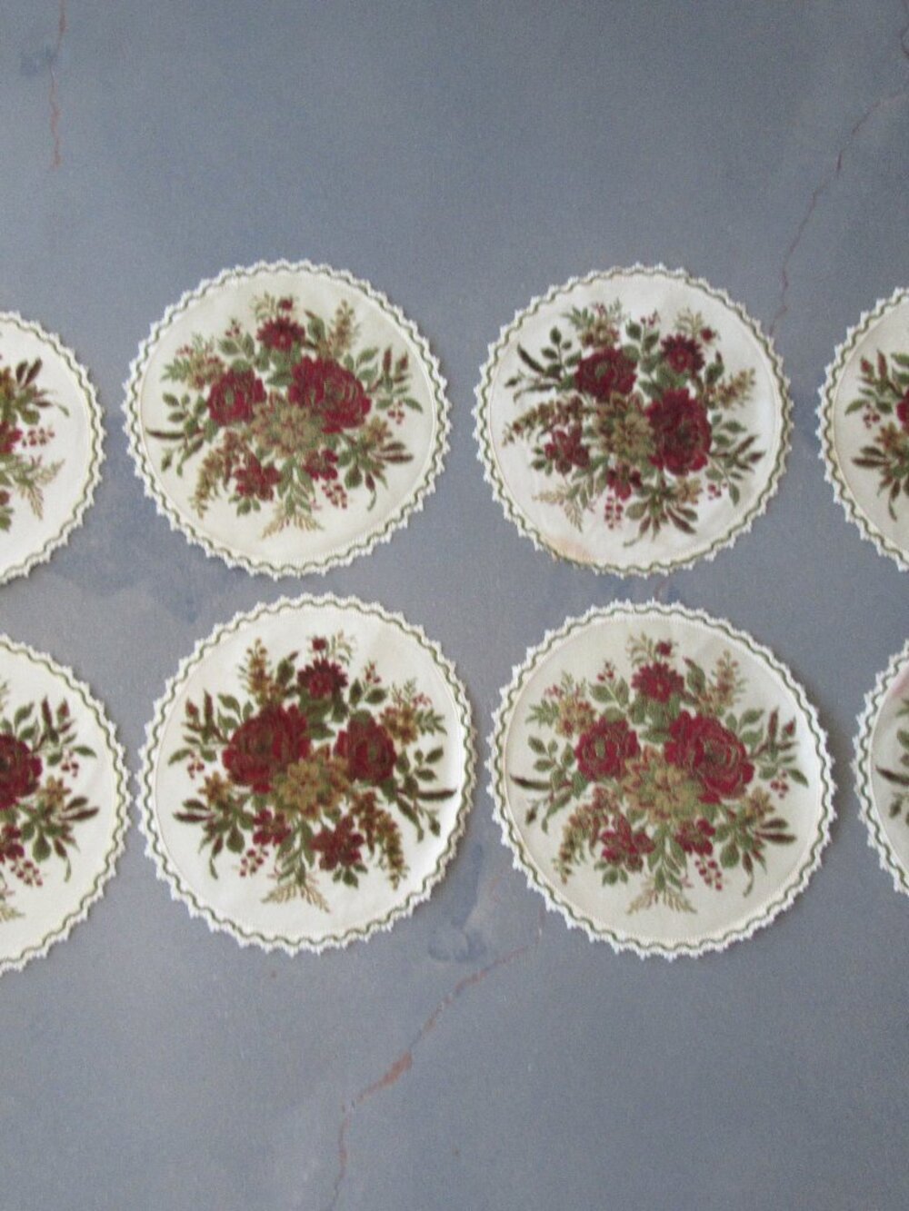 Lot of 8 Baroque 14" Round Embroidered Tapestry Rose Flower Placemats